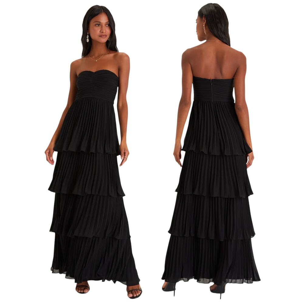 Lulus Seriously Sensational Black Strapless Tiered Maxi Dress size L NWT